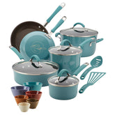 18-Piece Cucina Nonstick Cookware and Prep Bowl Set Agave Blue