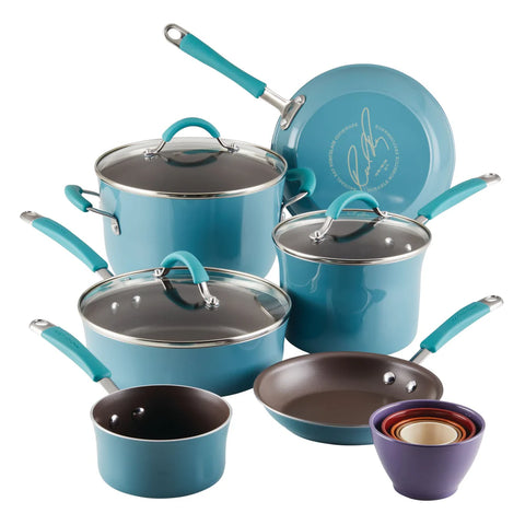 14-Piece Cucina Nonstick Cookware and Measuring Cup Set Agave Blue