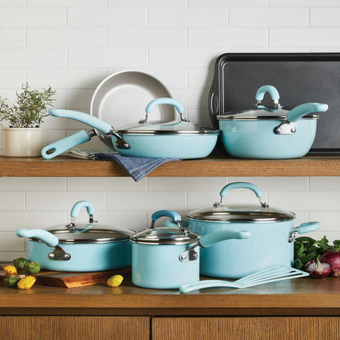 13-Piece Create Delicious Nonstick Induction Cookware Set Light Blue Shimmer