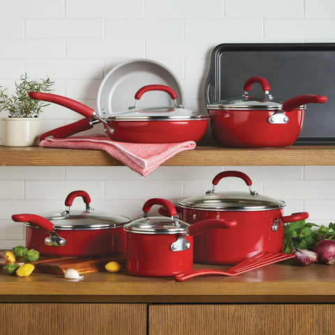 13-Piece Create Delicious Nonstick Induction Cookware Set Red Shimmer
