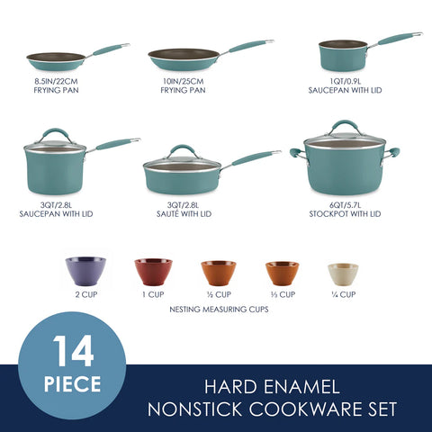 14-Piece Cucina Nonstick Cookware and Measuring Cup Set Agave Blue