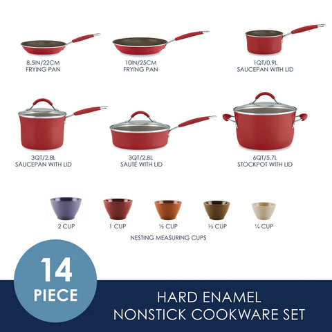 14-Piece Cucina Nonstick Cookware and Measuring Cup Set Cranberry Red