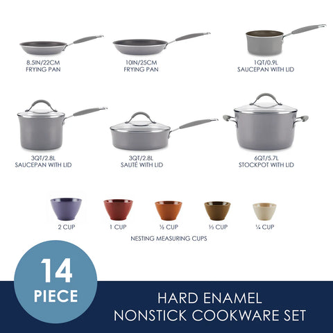 14-Piece Cucina Nonstick Cookware and Measuring Cup Set Sea Salt Gray