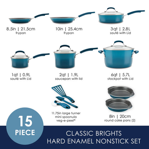15-Piece Classic Brights Nonstick Cookware Set Marine Blue