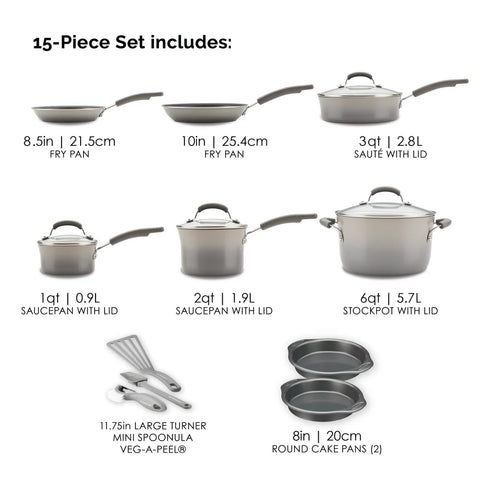 15-Piece Classic Brights Nonstick Cookware Set Sea Salt Gray