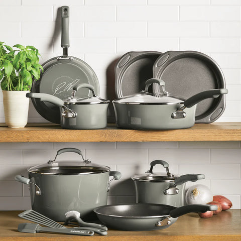 15-Piece Classic Brights Nonstick Cookware Set Sea Salt Gray