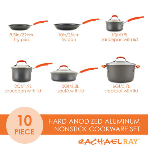 10-Piece Classic Brights Hard Anodized Nonstick Cookware Set Orange