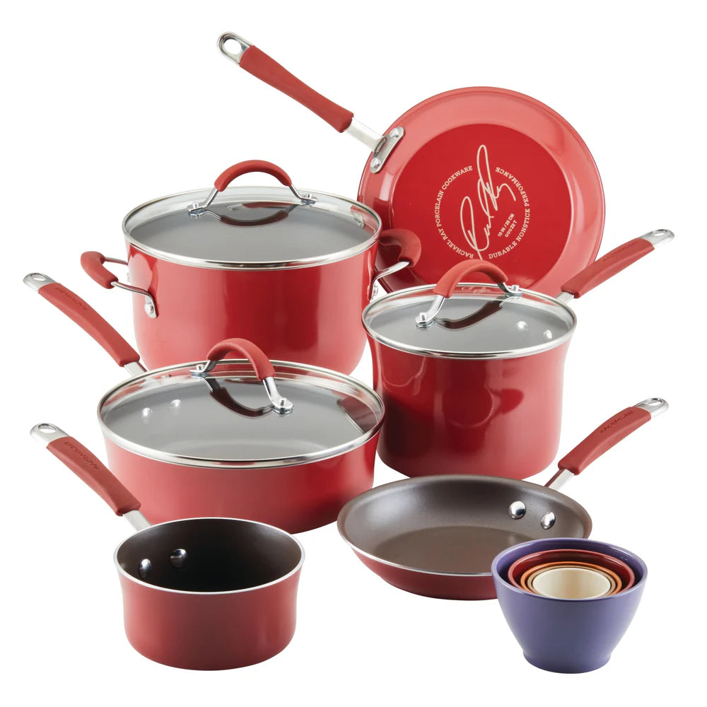 14-Piece Cucina Nonstick Cookware and Measuring Cup Set Cranberry Red
