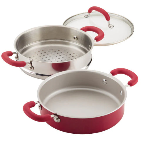 3-Quart Create Delicious Nonstick Induction Steamer Set Red