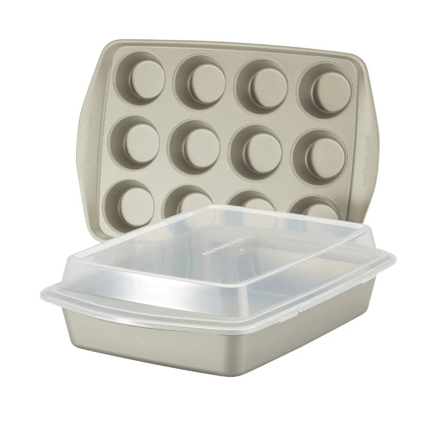 3-Piece Nonstick Covered Cake Pan & Muffin Pan Set Champagne