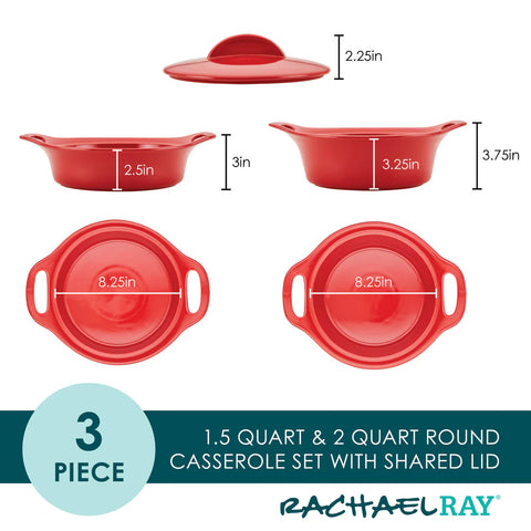 3-Piece Ceramic Casserole Set Red