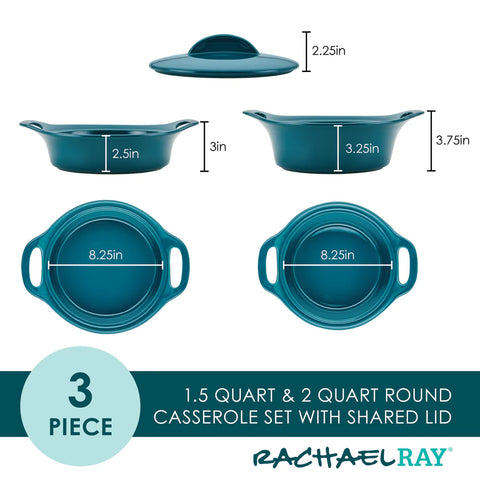 3-Piece Ceramic Casserole Set Teal