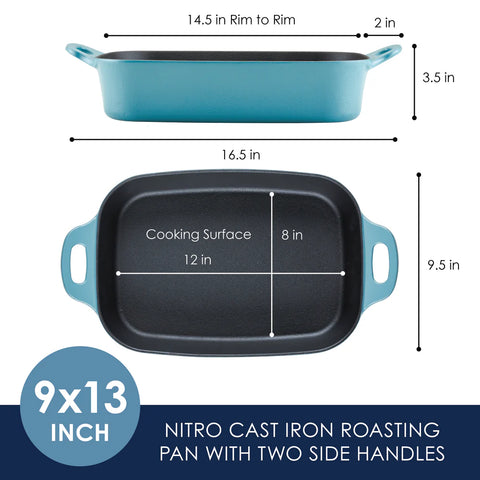 9-Inch x 13-Inch NITRO Cast Iron Roasting Pan Agave Blue