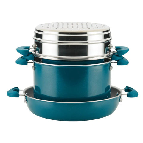 8-Piece Create Delicious Stacking Nonstick Induction Cookware Set Teal Shimmer