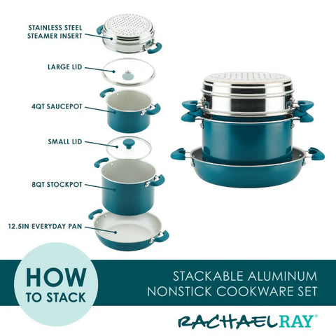 8-Piece Create Delicious Stacking Nonstick Induction Cookware Set Teal Shimmer