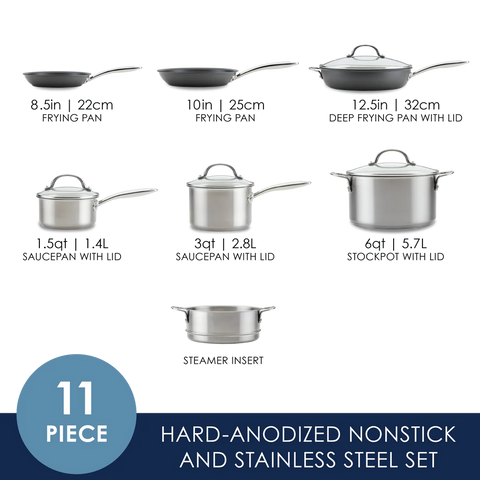 11- Piece Professional Hard-Anodized Nonstick and Induction Stainless Steel Cookware Set Mixed Colors