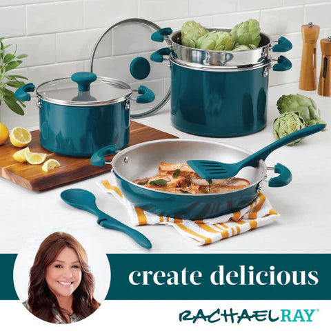 8-Piece Create Delicious Stacking Nonstick Induction Cookware Set Teal Shimmer
