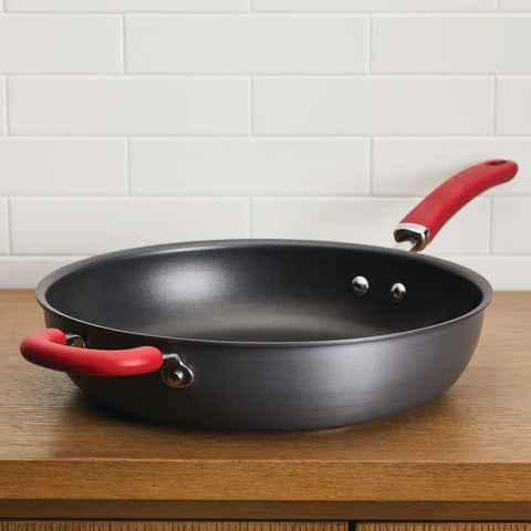 12.5-Inch Create Delicious Anodized Nonstick Induction Deep Frying Pan with Helper Handle Red