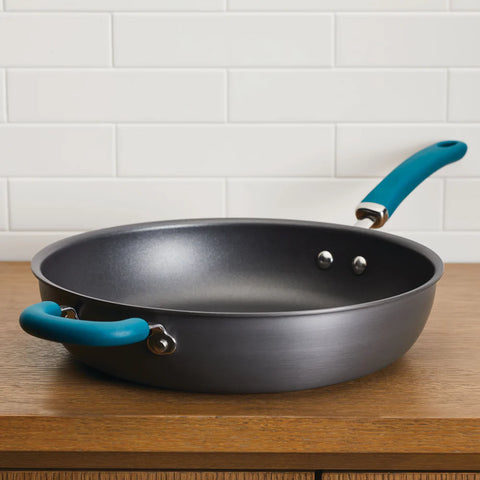 12.5-Inch Create Delicious Anodized Nonstick Induction Deep Frying Pan with Helper Handle Teal