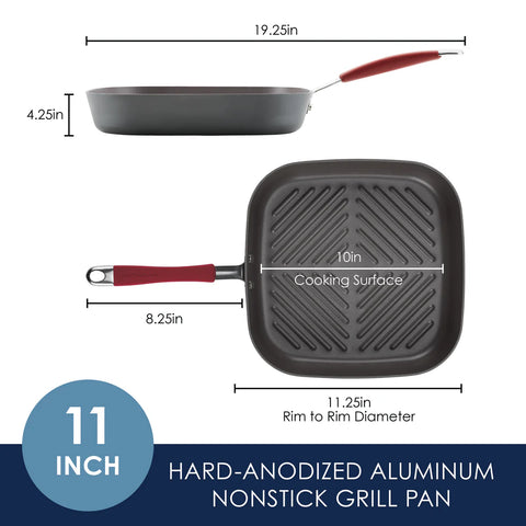 11-Inch Cucina Hard Anodized Nonstick Square Deep Grill Pan Cranberry Red