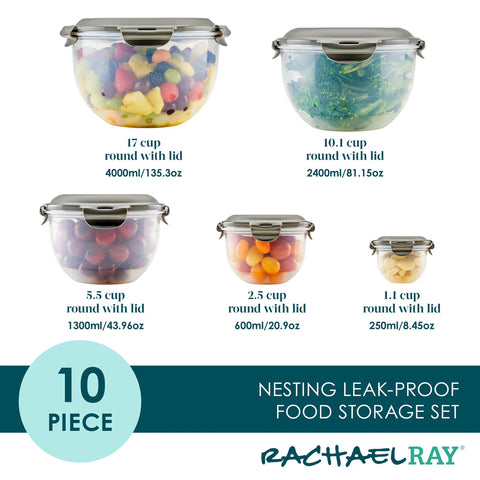 10-Piece Round Nestable Food Storage Containers Gray
