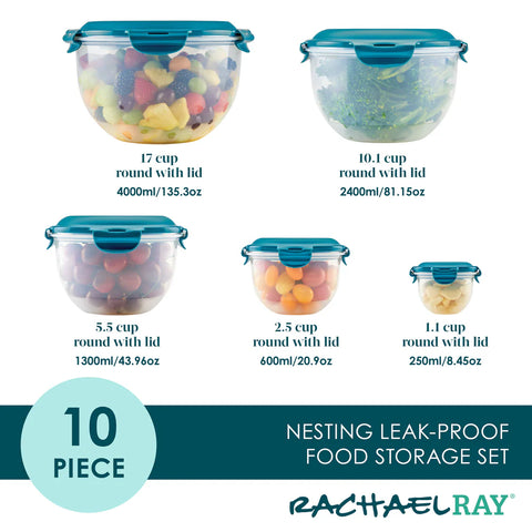 10-Piece Round Nestable Food Storage Containers Teal