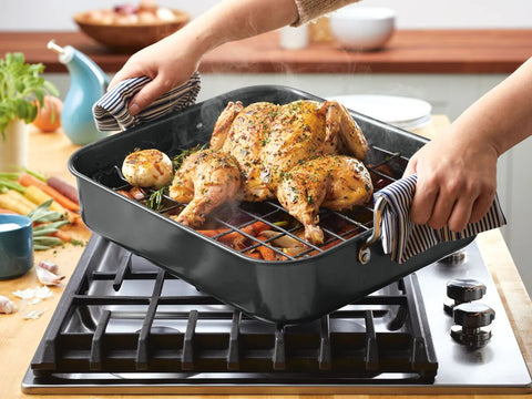16-Inch x 12-Inch Nonstick Hard Anodized Roaster with Reversible Rack Gray