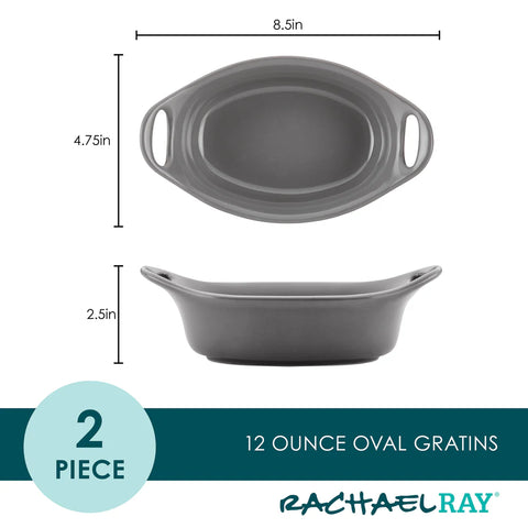 2-Piece 12-Ounce Oval Ceramic Au Gratin Set Gray