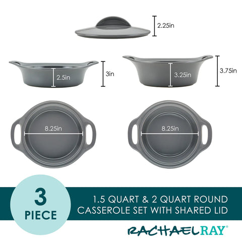 3-Piece Ceramic Casserole Set Gray
