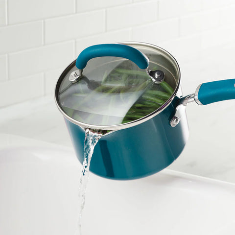 2-Quart Create Delicious Nonstick Induction Straining Saucepan Teal