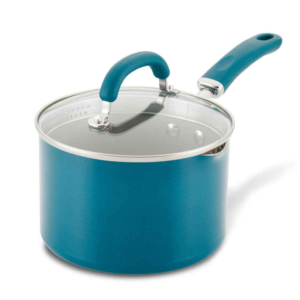 3-Quart Create Delicious Nonstick Induction Straining Saucepan Teal Shimmer