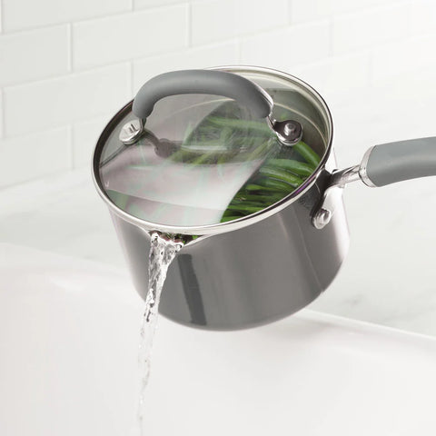 3-Quart Create Delicious Nonstick Induction Straining Saucepan Gray Shimmer