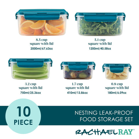10-Piece Square Nestable Food Storage Containers Teal