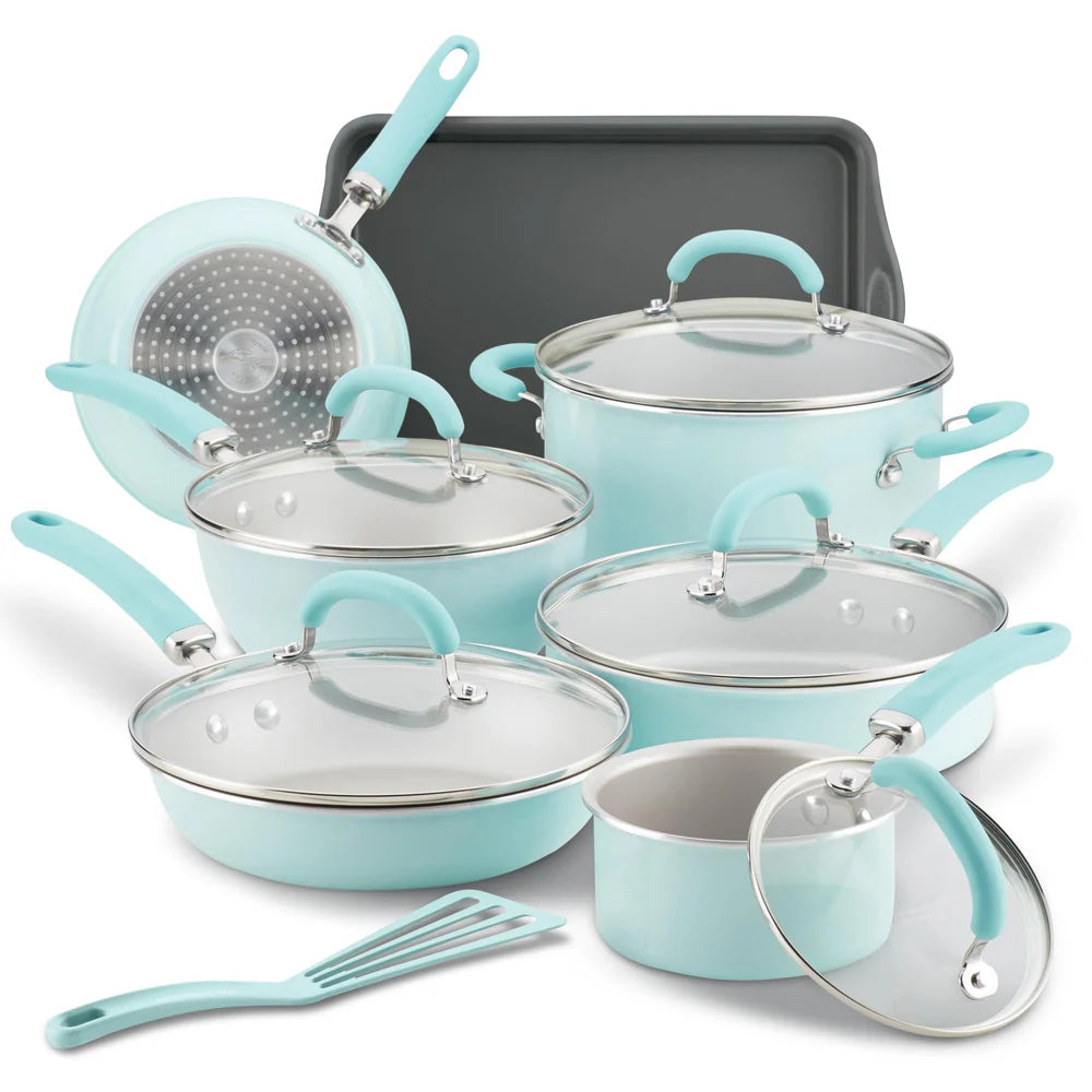 13-Piece Create Delicious Nonstick Induction Cookware Set Light Blue Shimmer