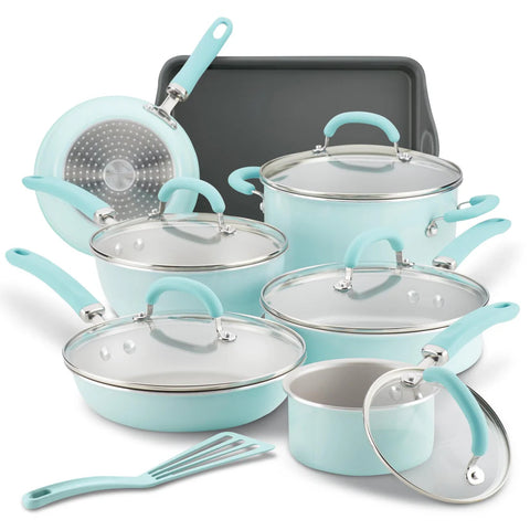 13-Piece Create Delicious Nonstick Induction Cookware Set Light Blue Shimmer