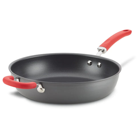 12.5-Inch Create Delicious Anodized Nonstick Induction Deep Frying Pan with Helper Handle Red