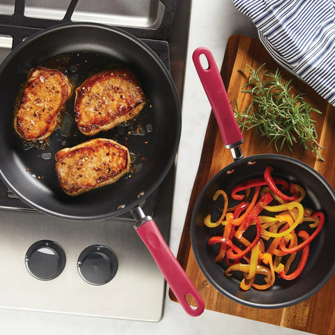 9.5-Inch and 11.75-Inch Create Delicious Hard Anodized Nonstick Induction Frying Pan Set Red
