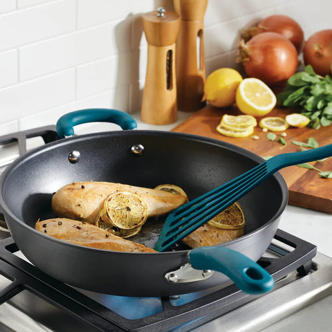 12.5-Inch Create Delicious Anodized Nonstick Induction Deep Frying Pan with Helper Handle Teal