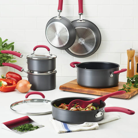 11-Piece Create Delicious Hard Anodized Nonstick Induction Cookware Set Red