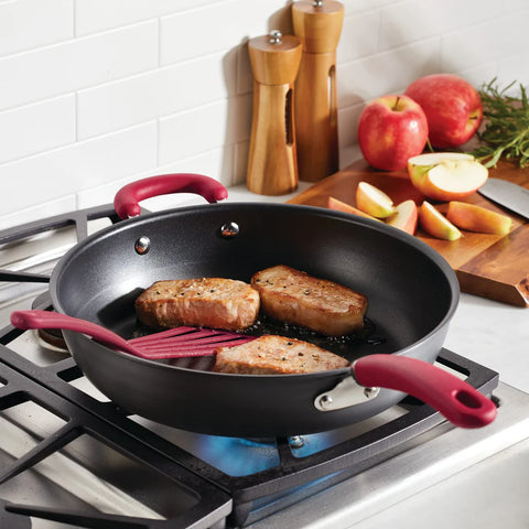 12.5-Inch Create Delicious Anodized Nonstick Induction Deep Frying Pan with Helper Handle Red